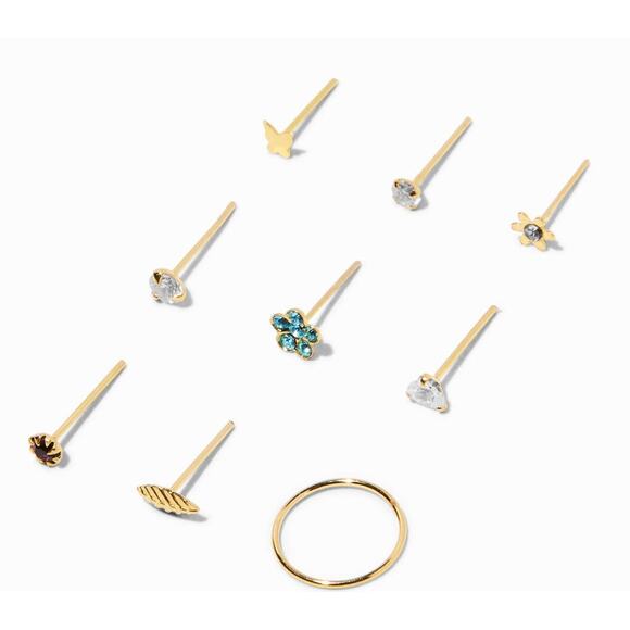 New Claire's 22G Gold-tone Sterling Silver Flower Nose Studs & Hoop - 9 Pack - Picture 2 of 7